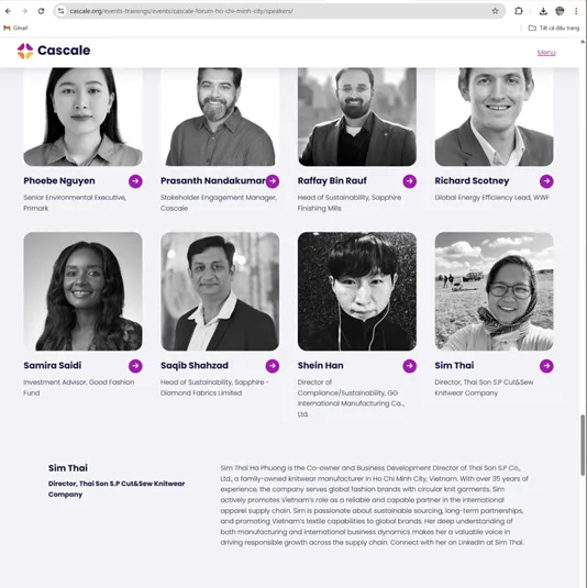 Portraits of speakers featured at the Cascale Forum Ho Chi Minh City 2025, including Sim Thai, Director of Thai Son S.P Cut & Sew Knitwear Company.