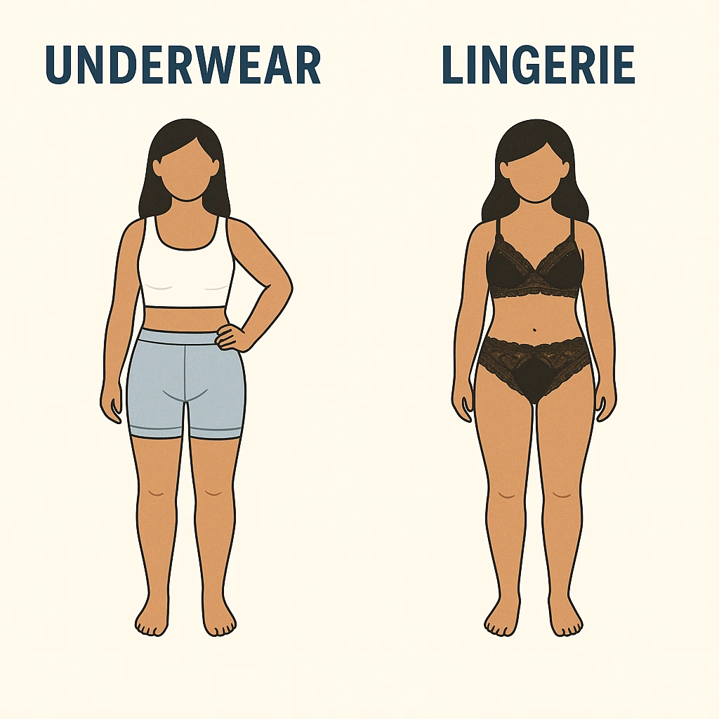 Illustration comparing underwear and lingerie on two women, showing the functional design of basic underwear versus the decorative, lace-focused design of lingerie.