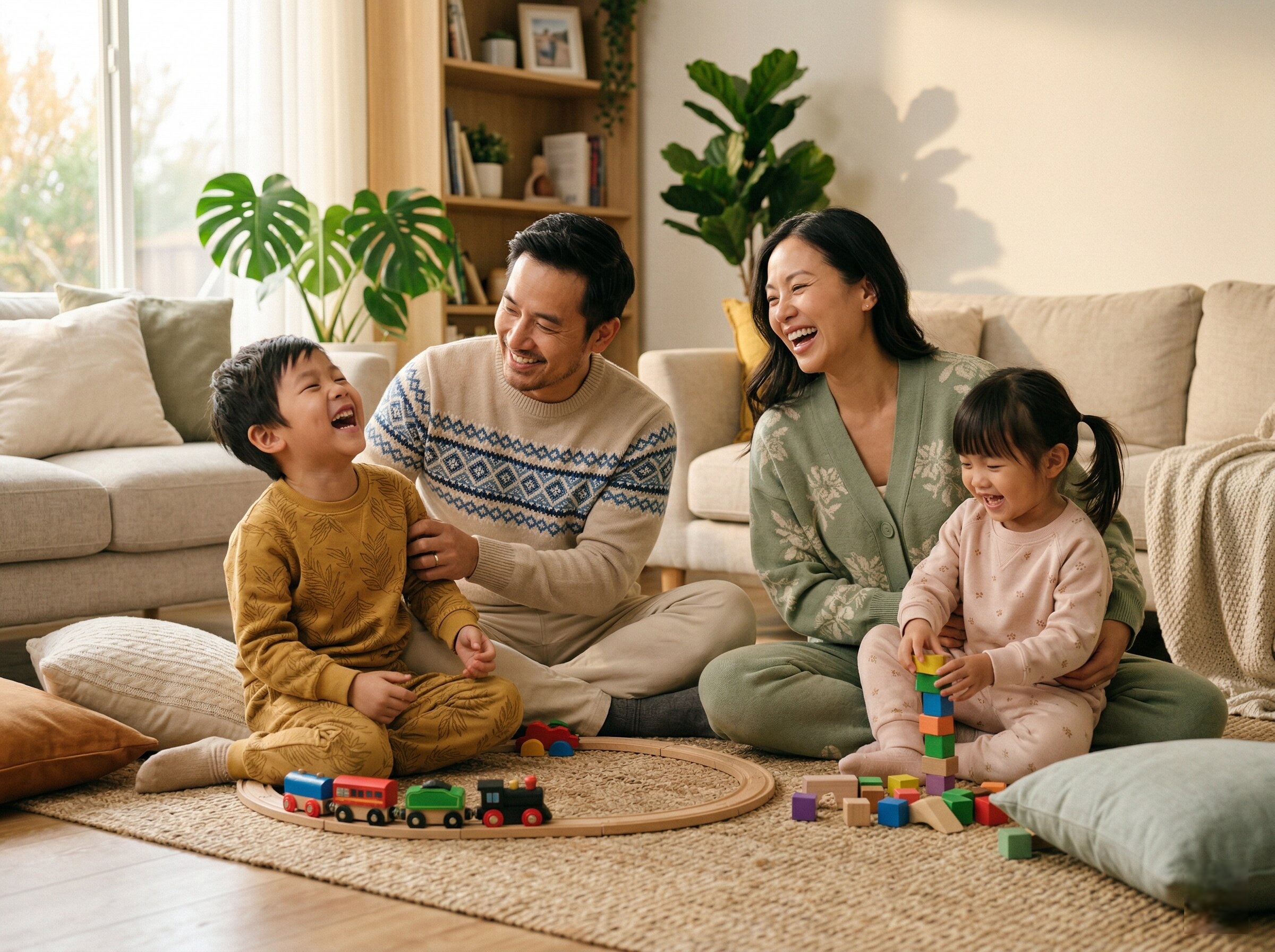 A family of four, father, mother, and two children, wearing sustainable loungewear, sitting on a rug in a cozy living room, enjoying snacks and chatting happily.