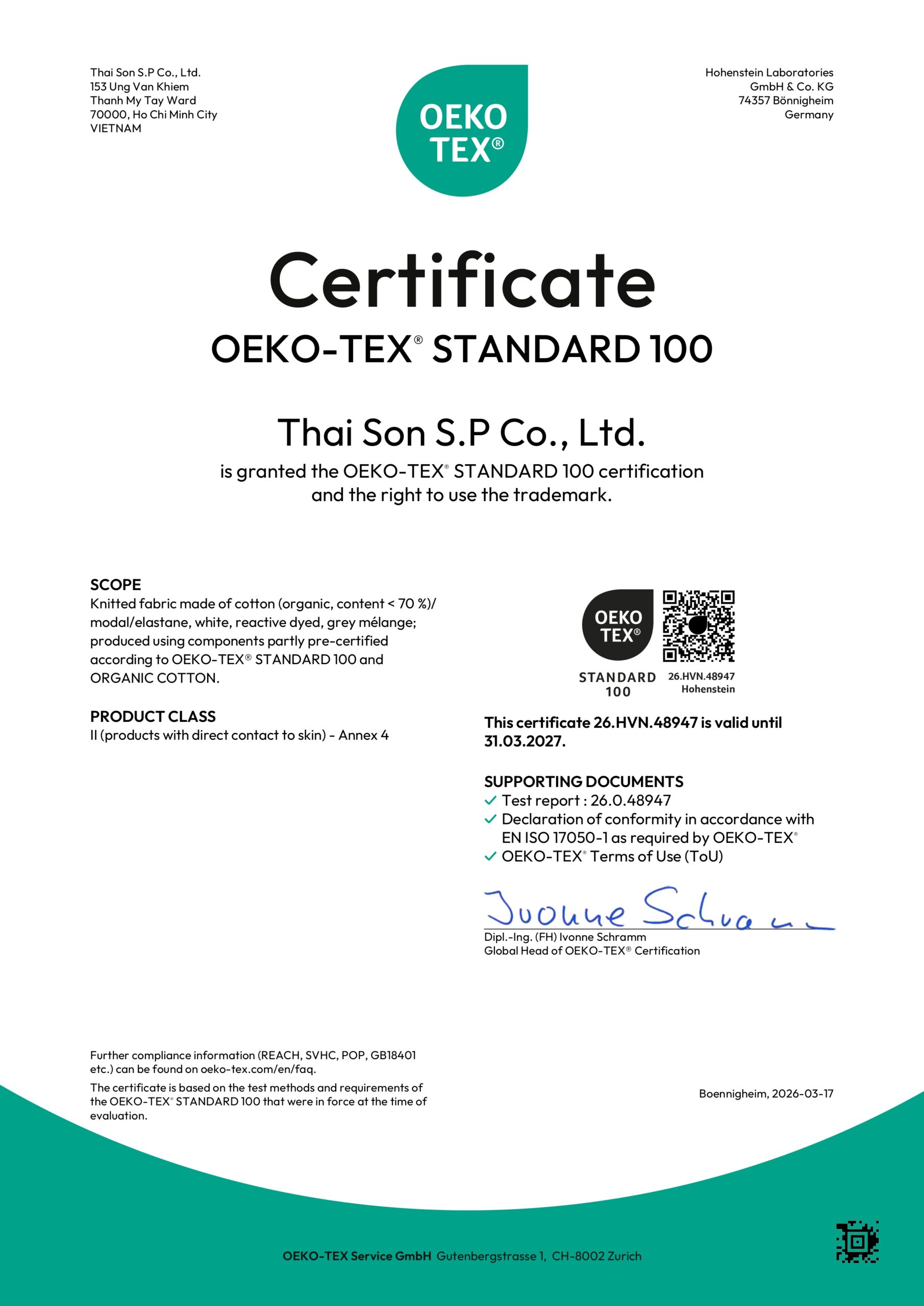 Thai Son’s OEKO‑TEX® Standard 100 certification