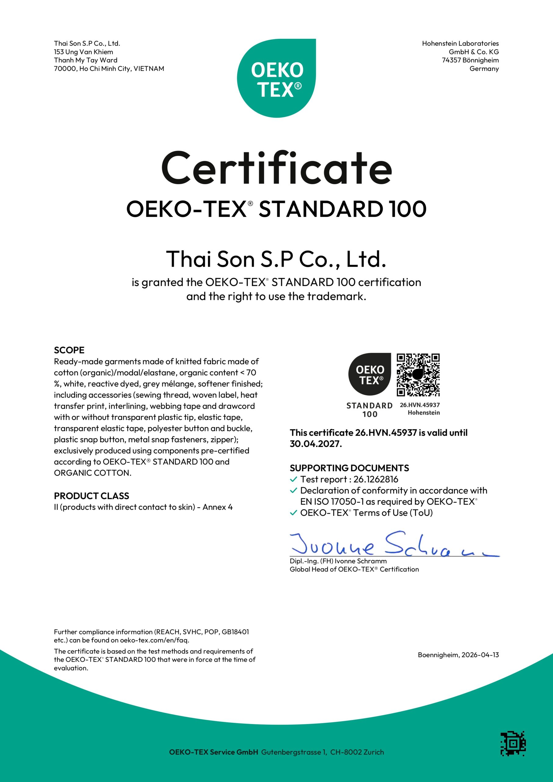 Thai Son’s OEKO‑TEX® Standard 100 certification