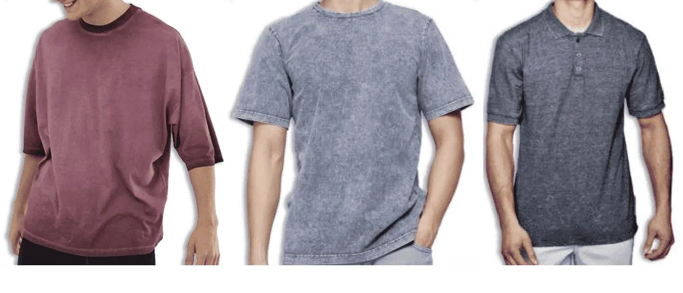 Men wearing washed wine-red and grey tshirts, dark grey polos