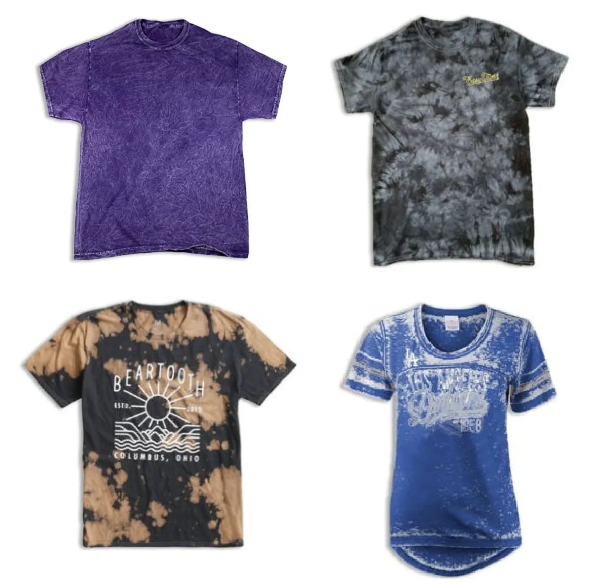 Washed tshirts in various colors, with three of them having prints.